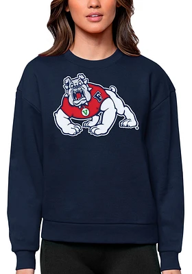 Antigua Fresno State Bulldogs Womens Navy Blue Full Front Victory Crew Sweatshirt