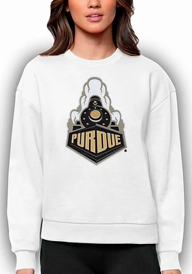 Womens Purdue Boilermakers White Antigua Full Front Victory Crew Sweatshirt