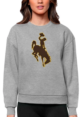 Antigua Wyoming Cowboys Womens Grey Full Front Victory Crew Sweatshirt