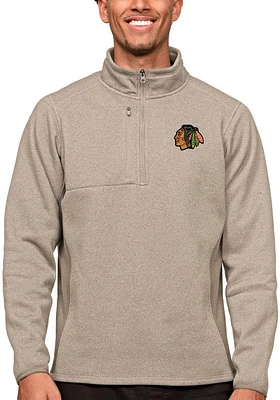 Antigua Chicago Blackhawks Mens Oatmeal Course Long Sleeve Qtr Zip Pullover