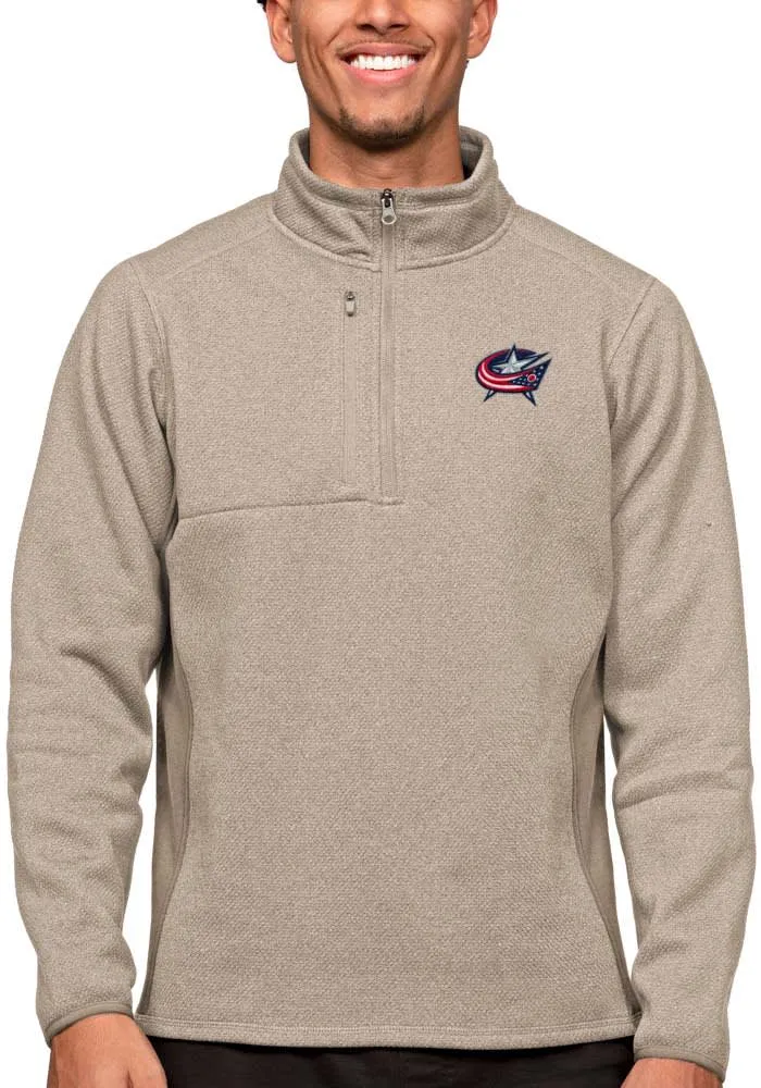 Antigua Columbus Blue Jackets Mens Oatmeal Course Long Sleeve Qtr Zip Pullover