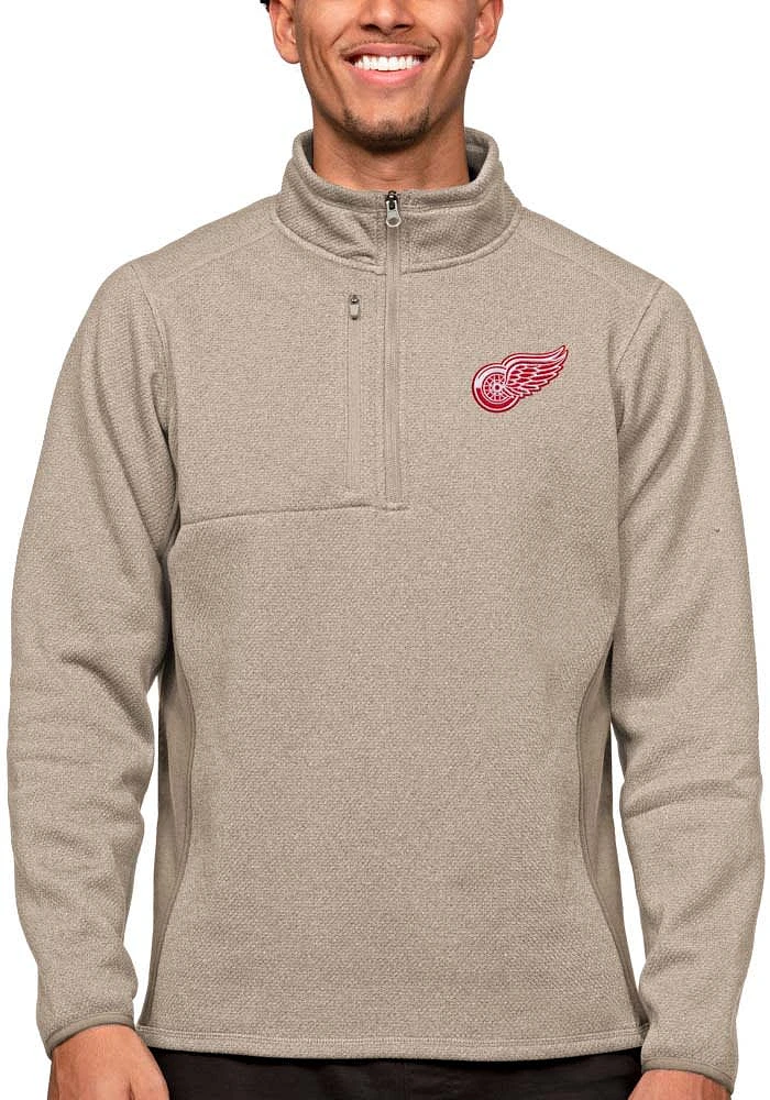 Antigua Detroit Red Wings Mens Oatmeal Course Long Sleeve Qtr Zip Pullover