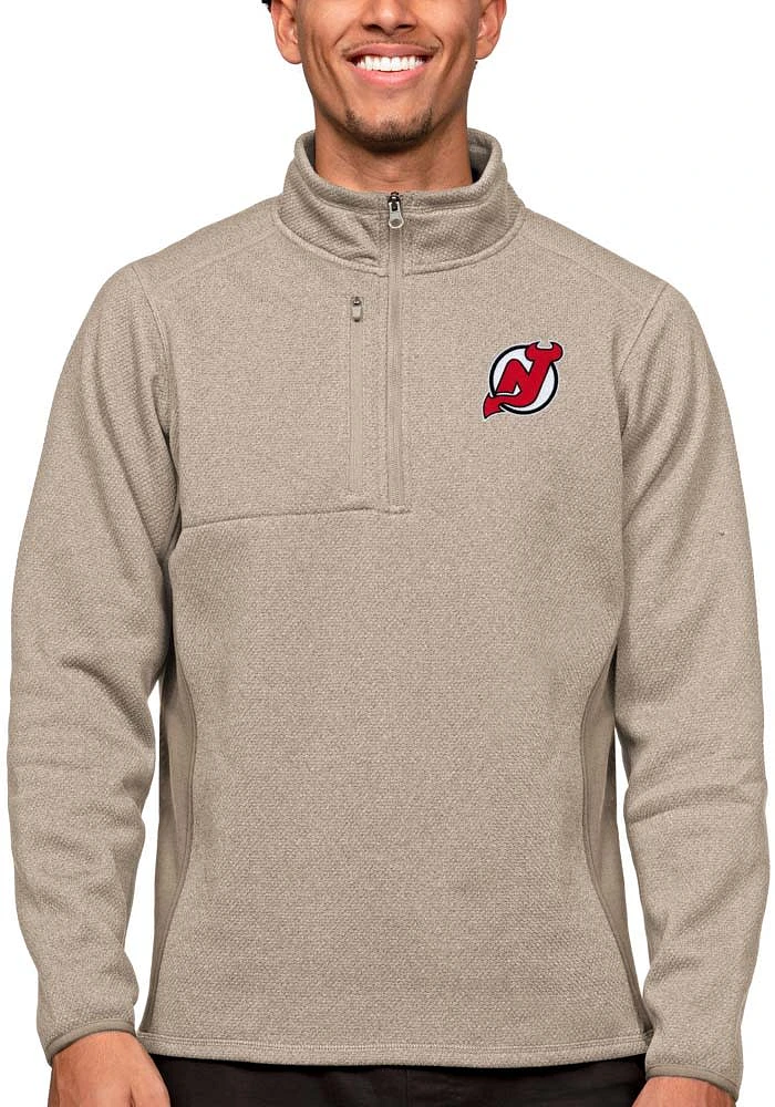 Antigua New Jersey Devils Mens Oatmeal Course Long Sleeve Qtr Zip Pullover
