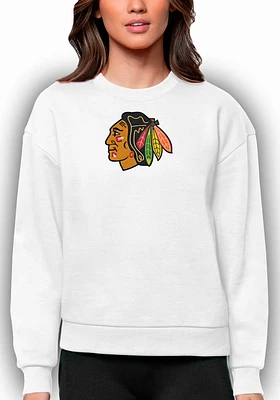 Antigua Chicago Blackhawks Womens White Full Front Victory Crew Sweatshirt