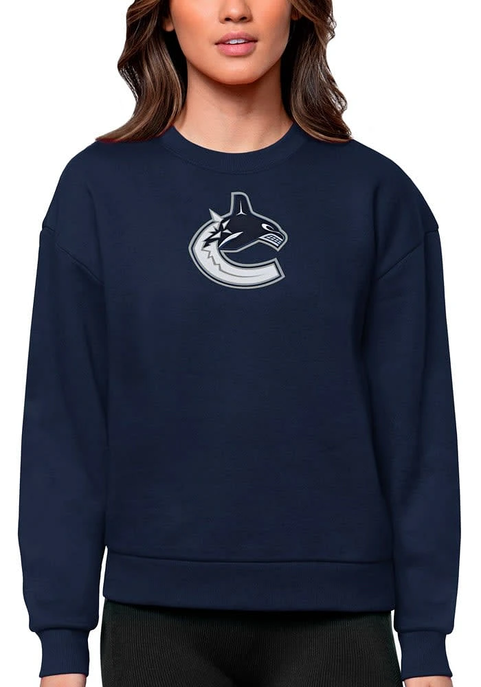 Antigua Vancouver Canucks Womens Navy Blue Full Front Dark Victory Crew Sweatshirt