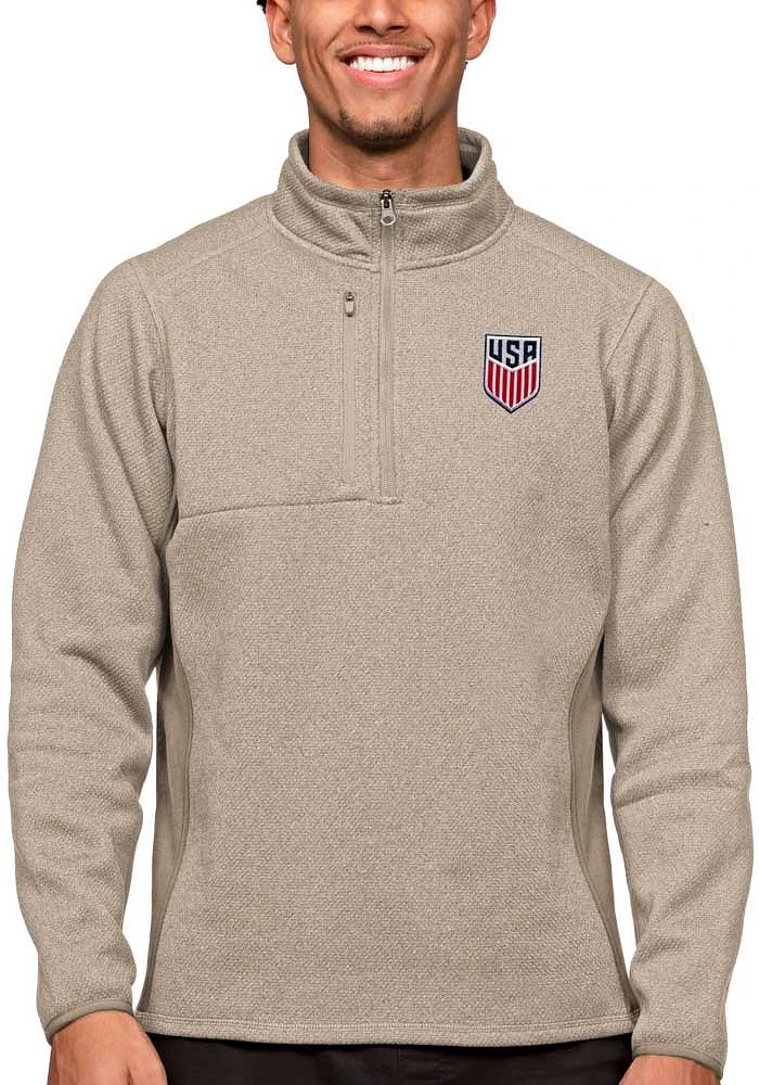 Antigua USMNT Mens Oatmeal Course Long Sleeve Qtr Zip Pullover
