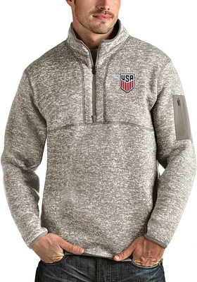 Antigua USMNT Mens Oatmeal Fortune Long Sleeve Qtr Zip Pullover