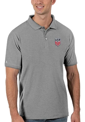 Antigua USMNT Mens Grey Legacy Pique Short Sleeve Polo