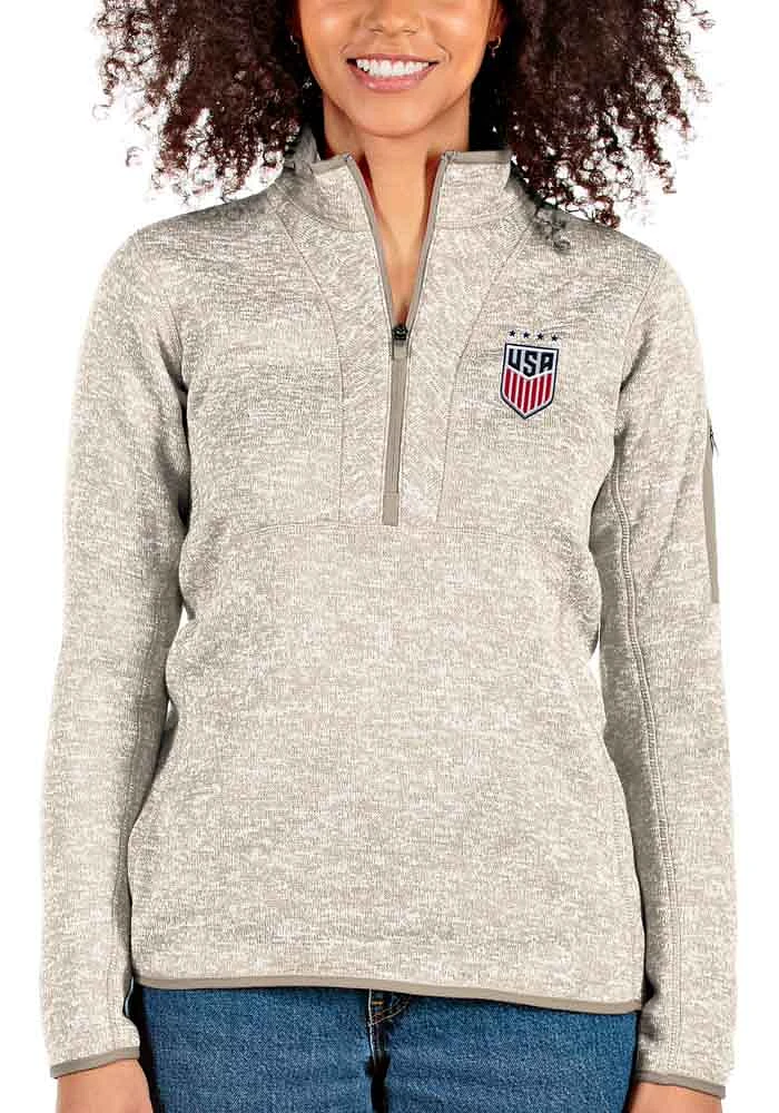 Antigua USWNT Womens Oatmeal Fortune Qtr Zip