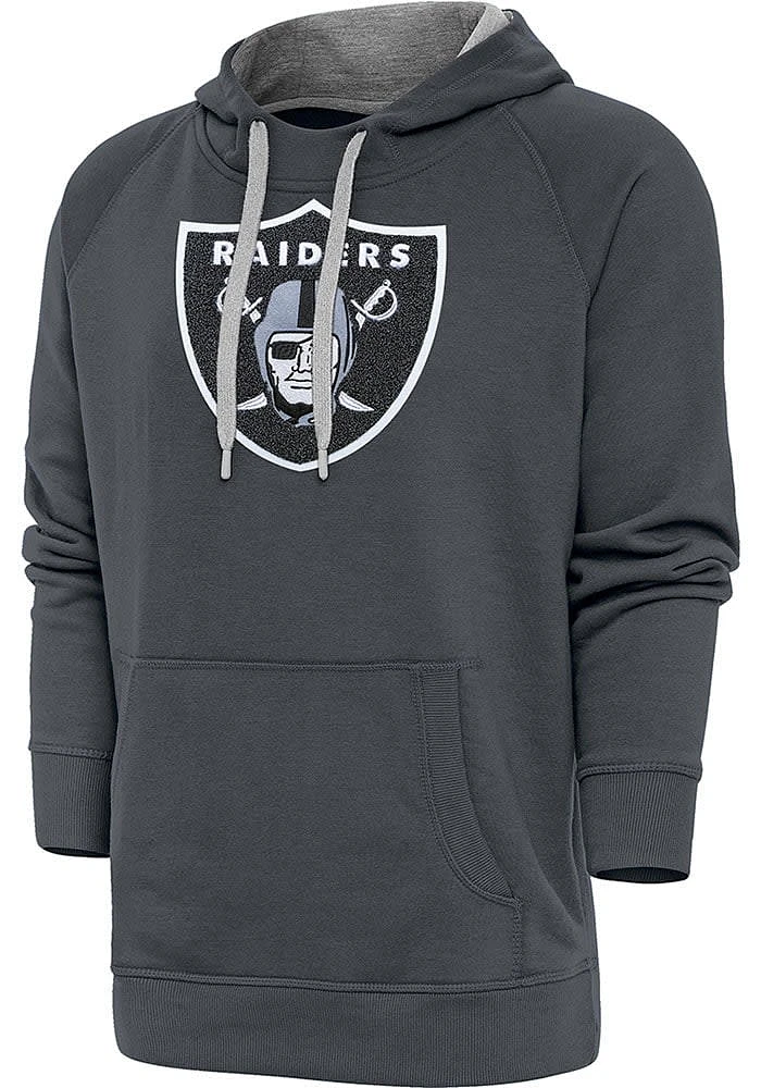 Antigua Las Vegas Raiders Mens Charcoal Chenille Logo Victory Long Sleeve Hoodie
