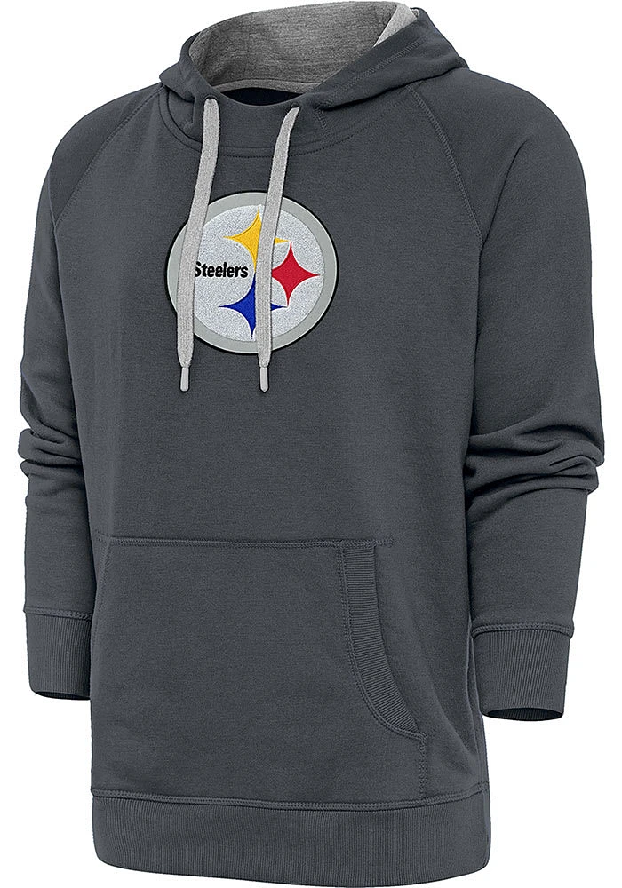 Antigua Pittsburgh Steelers Mens Charcoal Chenille Logo Victory Long Sleeve Hoodie