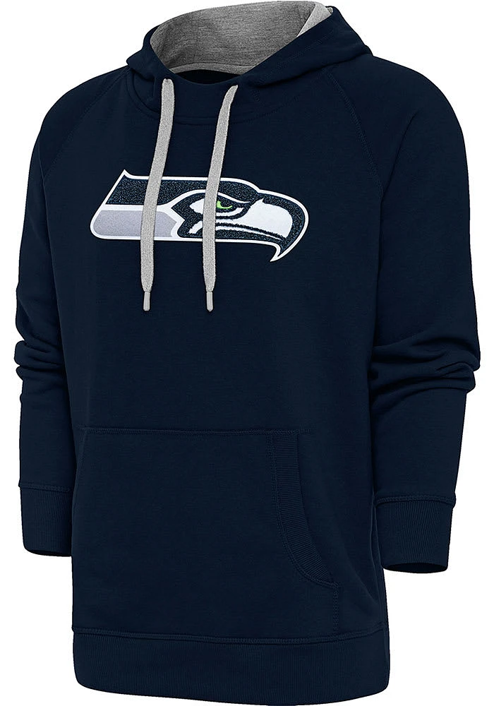 Antigua Seattle Seahawks Mens Navy Blue Full Front Chenille Victory Long Sleeve Hoodie