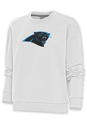 Antigua Carolina Panthers Womens White Full Front Chenille Victory Crew Sweatshirt