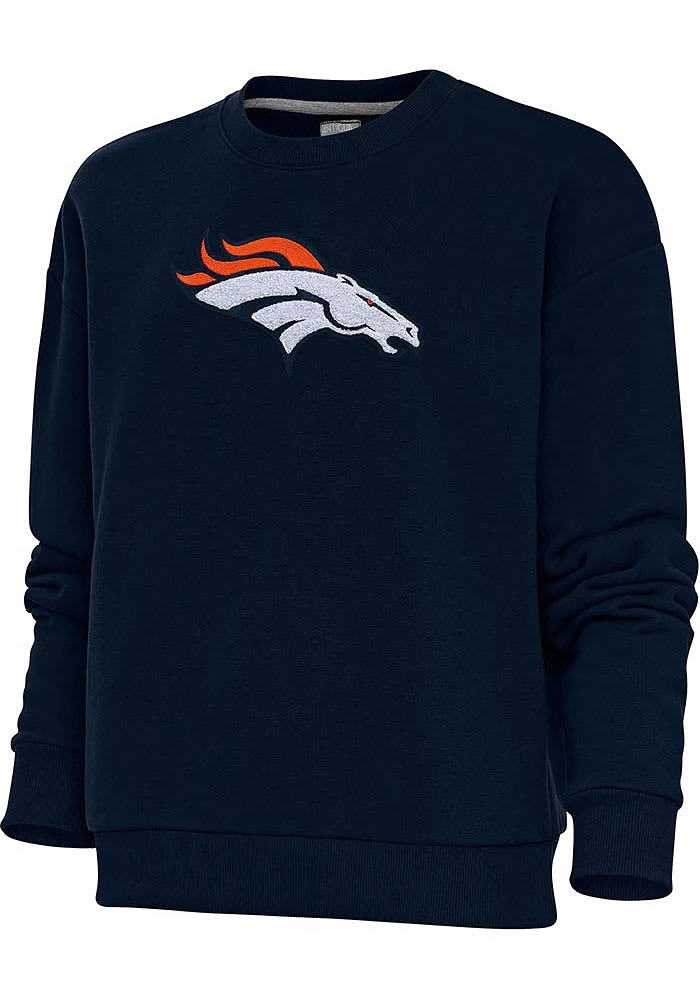 Antigua Denver Broncos Womens Navy Blue Full Front Chenille Victory Crew Sweatshirt