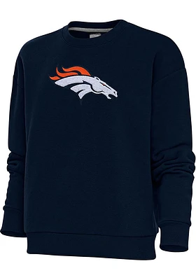 Antigua Denver Broncos Womens Navy Blue Full Front Chenille Victory Crew Sweatshirt