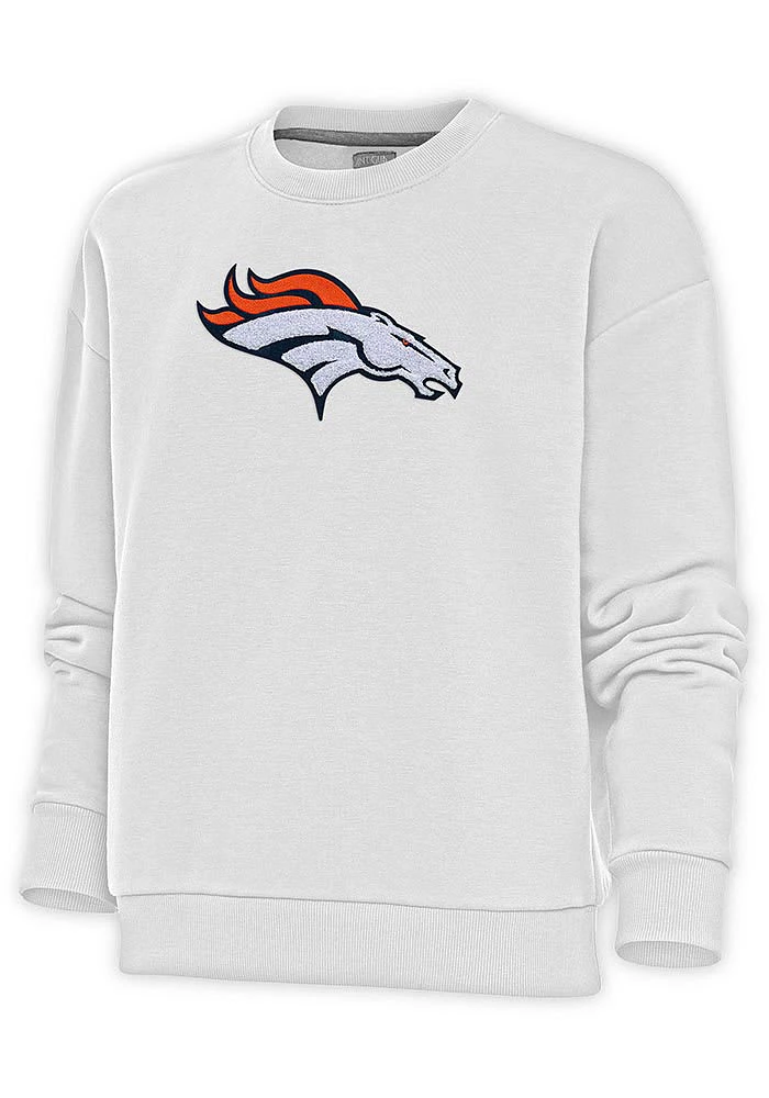 Antigua Denver Broncos Womens White Full Front Chenille Victory Crew Sweatshirt