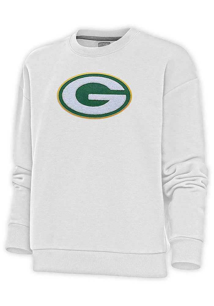Antigua Green Bay Packers Womens White Full Front Chenille Victory Crew Sweatshirt