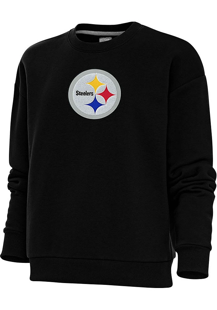 Antigua Pittsburgh Steelers Womens Black Full Front Chenille Victory Crew Sweatshirt