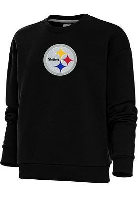 Antigua Pittsburgh Steelers Womens Black Full Front Chenille Victory Crew Sweatshirt