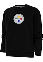 Antigua Pittsburgh Steelers Womens Black Full Front Chenille Victory Crew Sweatshirt
