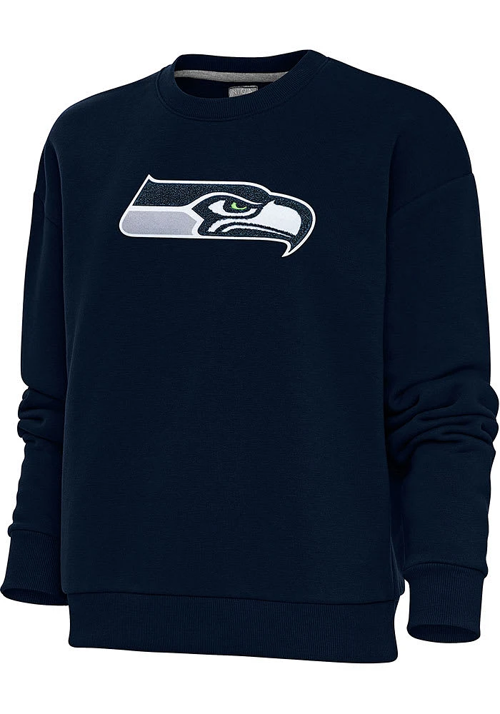 Antigua Seattle Seahawks Womens Navy Blue Full Front Chenille Victory Crew Sweatshirt