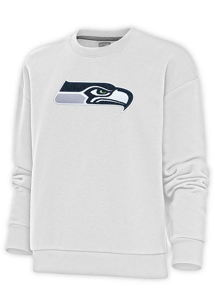 Antigua Seattle Seahawks Womens White Full Front Chenille Victory Crew Sweatshirt