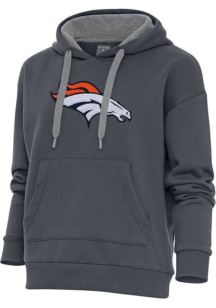 Antigua Denver Broncos Womens Charcoal Chenille Logo Victory Hooded Sweatshirt