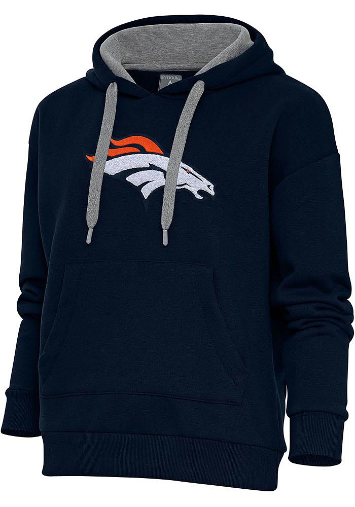 Antigua Denver Broncos Womens Navy Blue Chenille Logo Victory Hooded Sweatshirt