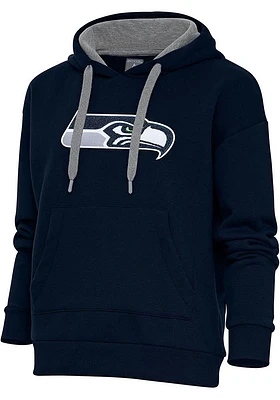 Antigua Seattle Seahawks Womens Navy Blue Chenille Logo Victory Hooded Sweatshirt