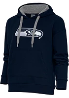 Antigua Seattle Seahawks Womens Navy Blue Chenille Logo Victory Hooded Sweatshirt