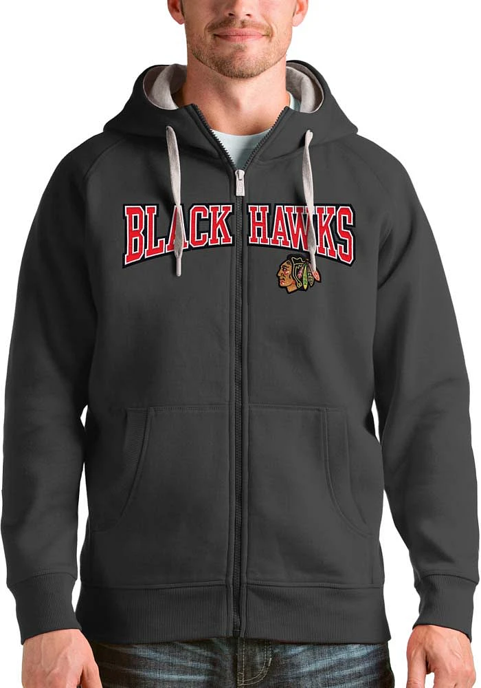 Antigua Chicago Blackhawks Mens Charcoal Split Victory Long Sleeve Full Zip Jacket