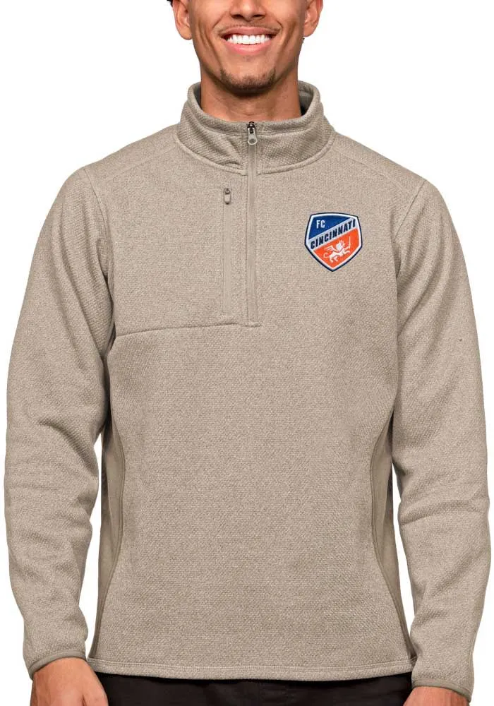 Antigua FC Cincinnati Mens Oatmeal Course Long Sleeve 1/4 Zip Pullover