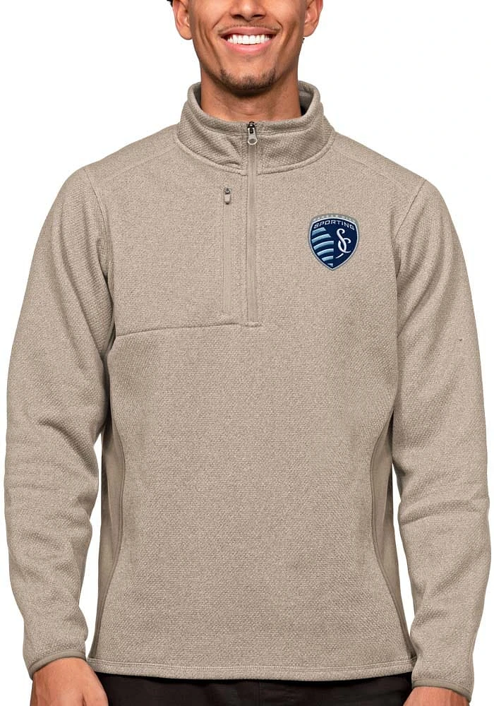 Antigua Sporting Kansas City Mens Oatmeal Course Long Sleeve Qtr Zip Pullover