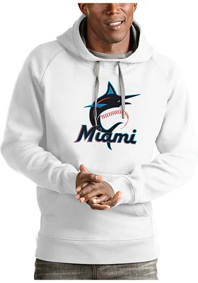 Antigua Miami Marlins Mens White Full Front Victory Long Sleeve Hoodie