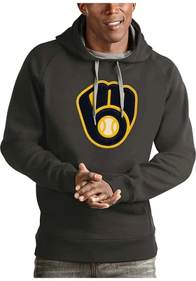 Antigua Milwaukee Brewers Mens Charcoal Full Front Victory Long Sleeve Hoodie