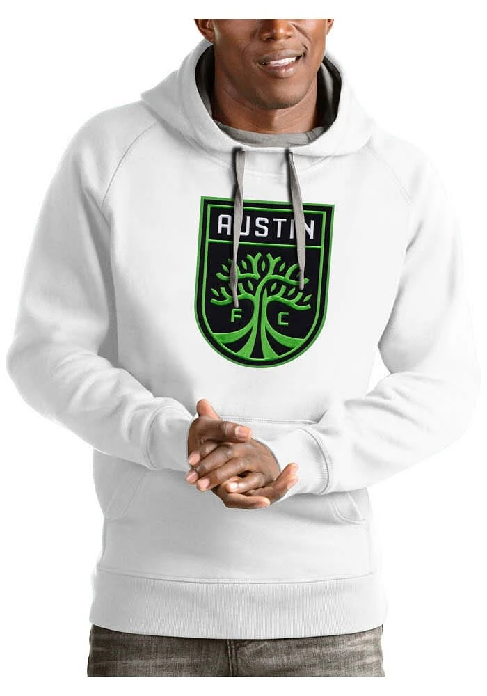 Antigua Austin FC Mens White Full Front Victory Long Sleeve Hoodie