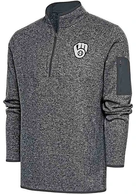 Antigua Milwaukee Brewers Mens Grey Metallic Logo Fortune Long Sleeve Qtr Zip Pullover