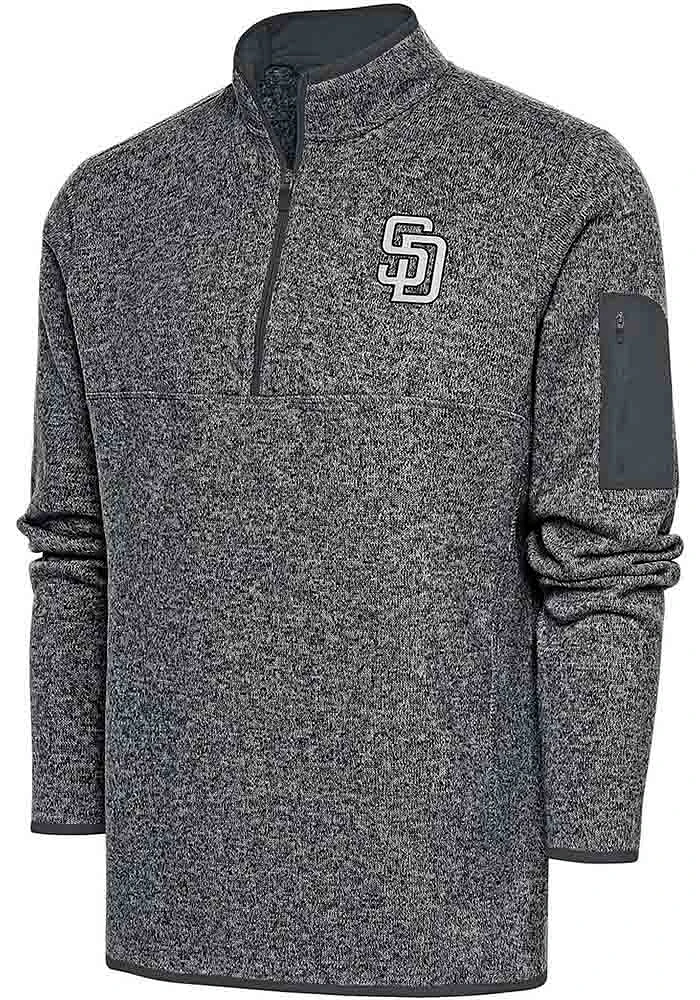 Antigua San Diego Padres Mens Grey Metallic Logo Fortune Long Sleeve Qtr Zip Pullover