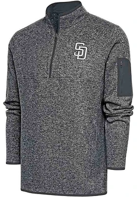 Antigua San Diego Padres Mens Grey Metallic Logo Fortune Long Sleeve Qtr Zip Pullover