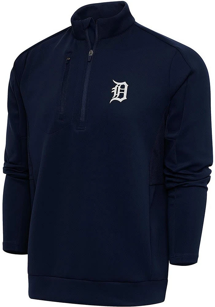 Antigua Detroit Tigers Mens Navy Blue Metallic Logo Generation Long Sleeve Qtr Zip Pullover