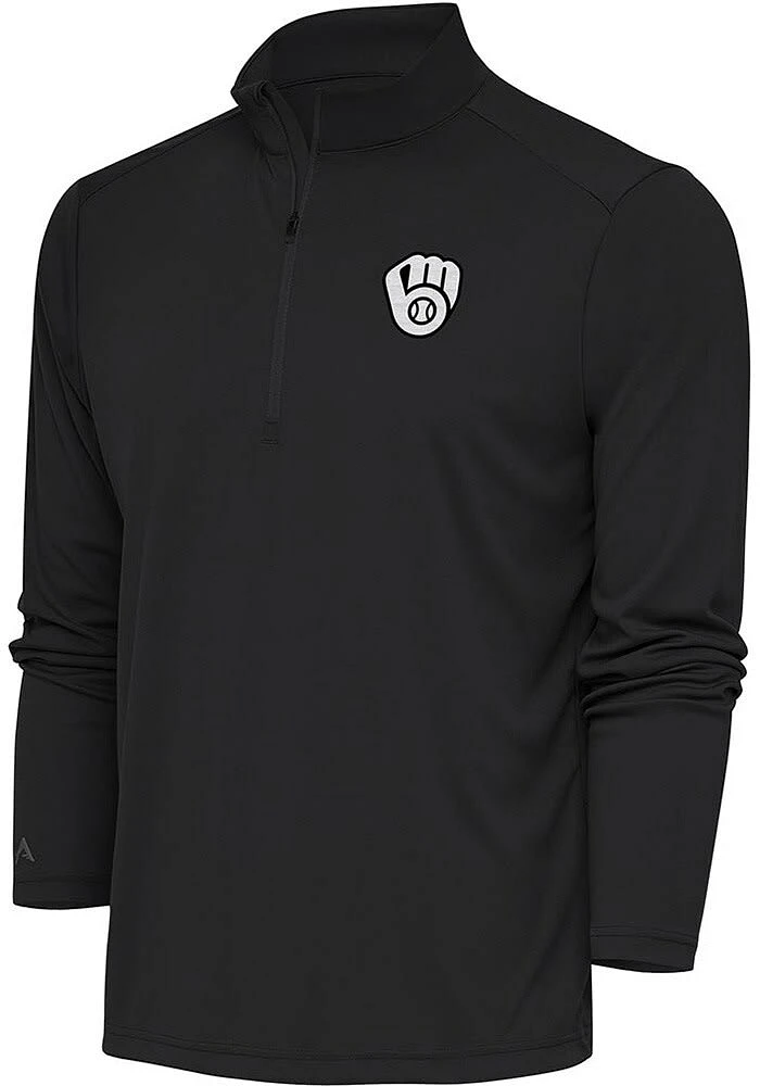 Antigua Milwaukee Brewers Mens Grey Metallic Logo Tribute Long Sleeve Qtr Zip Pullover