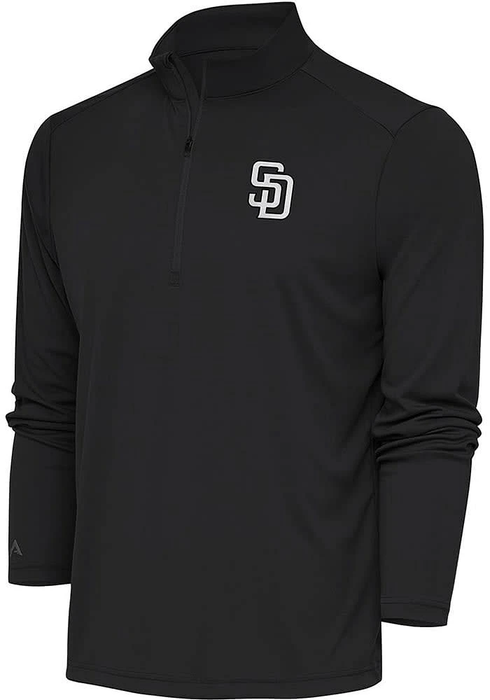 Antigua San Diego Padres Mens Grey Metallic Logo Tribute Long Sleeve Qtr Zip Pullover