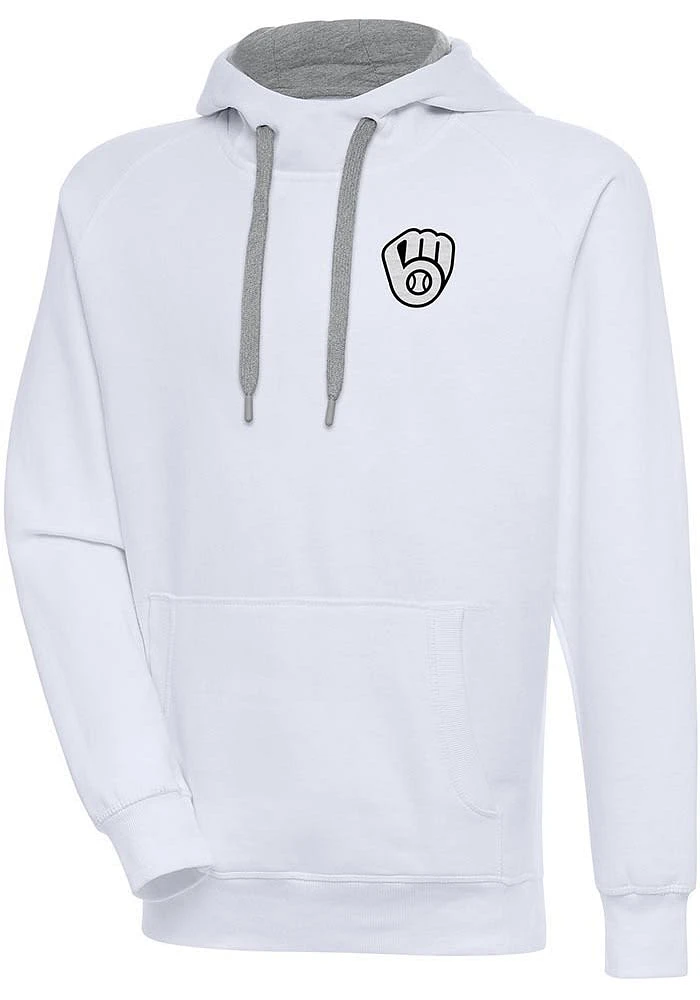 Antigua Milwaukee Brewers Mens White Metallic Logo Victory Long Sleeve Hoodie