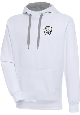 Antigua Milwaukee Brewers Mens White Metallic Logo Victory Long Sleeve Hoodie