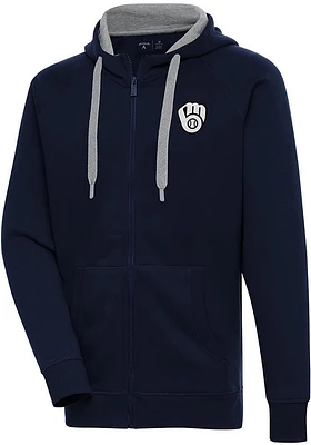 Antigua Milwaukee Brewers Mens Navy Blue Metallic Logo Victory Long Sleeve Full Zip Jacket