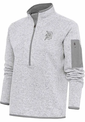 Antigua Detroit Tigers Womens Grey Metallic Logo Fortune Qtr Zip