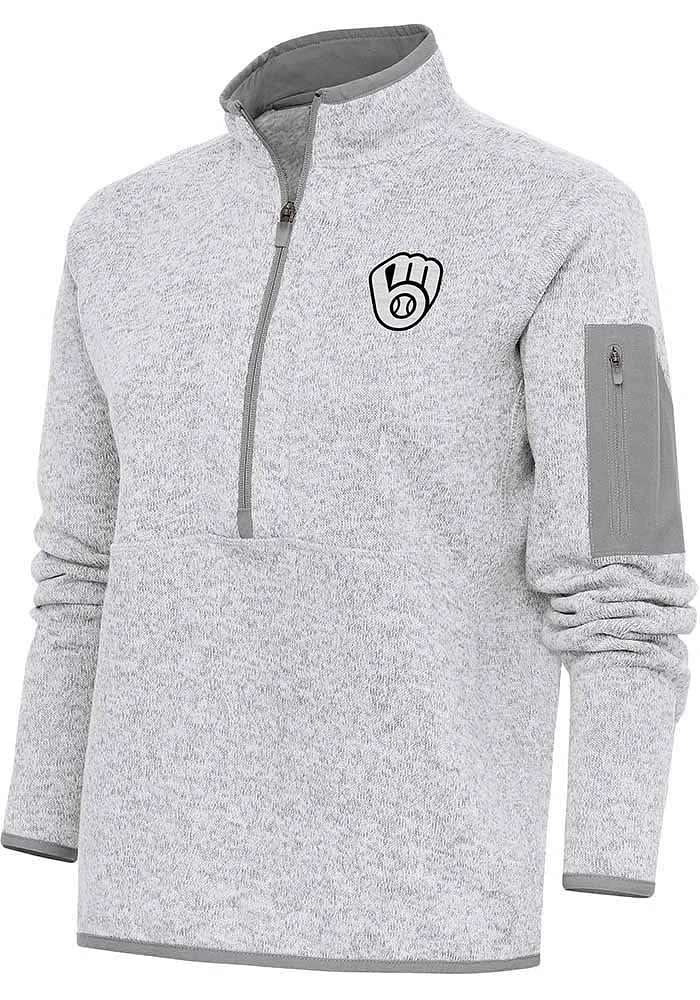Antigua Milwaukee Brewers Womens Grey Metallic Logo Fortune Qtr Zip
