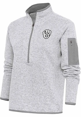 Antigua Milwaukee Brewers Womens Grey Metallic Logo Fortune Qtr Zip