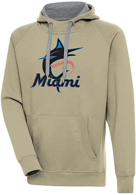 Antigua Miami Marlins Mens Khaki Full Front Victory Long Sleeve Hoodie