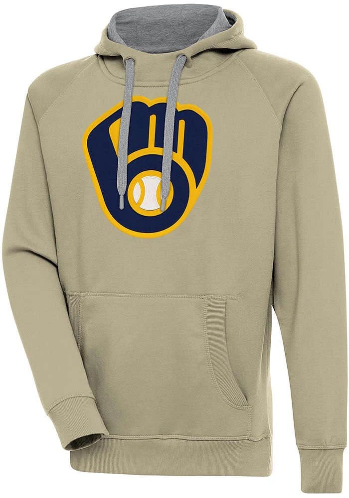 Antigua Milwaukee Brewers Mens Khaki Full Front Victory Long Sleeve Hoodie